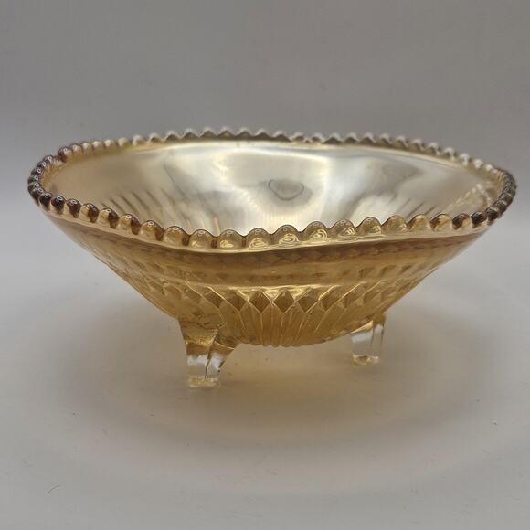 Vtg Carnival Glass Candy Dish Amber Three Footed Beaded Rim Diamond Pointed Ribs - Picture 3 of 8